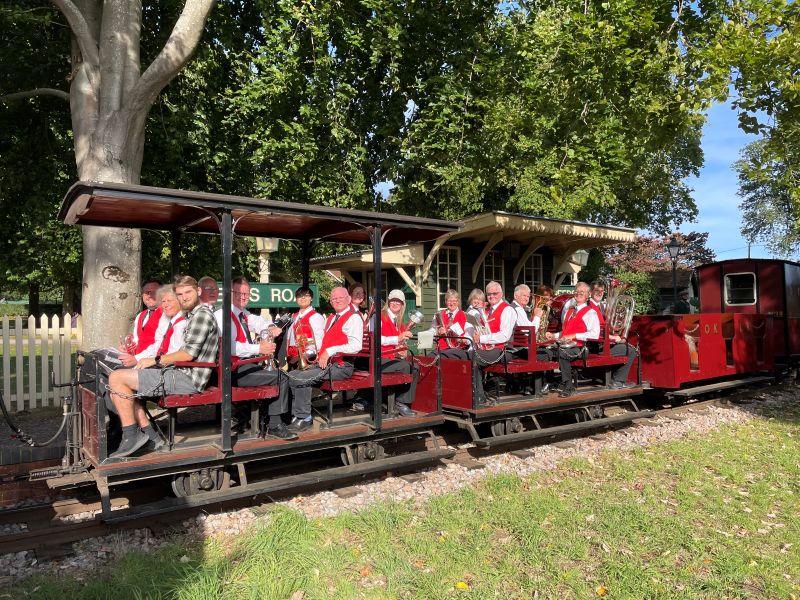 Farnham Brass Band on the train at Reeds Road station.