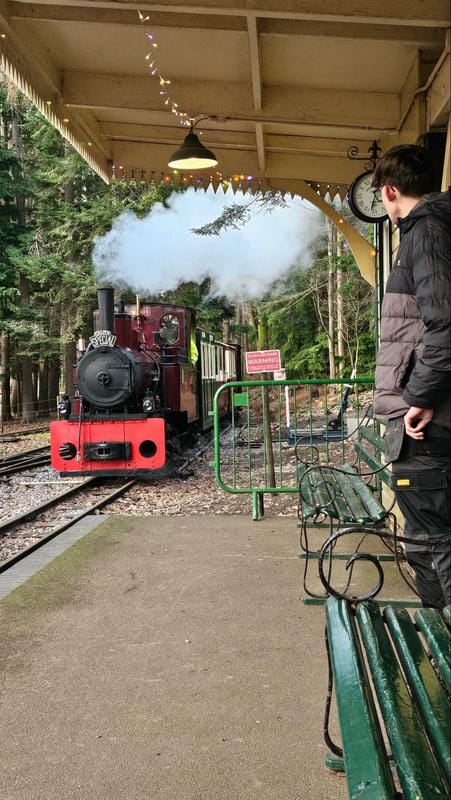 Daniel looking out at Elouise coming into the platform at Mills Wood station